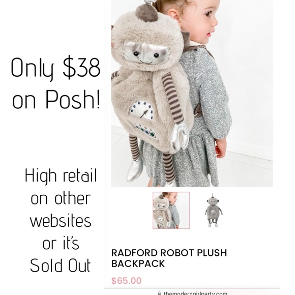 Mon Ami RADFORD Robot Plush Fluffy Toddler Backpack - Picture 6 of 7